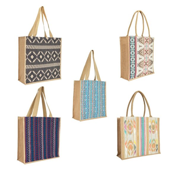 Natural Reusable Jute Shopping Tote Bag with Jacquard Fabric Beach Trips - Picture 2 of 9